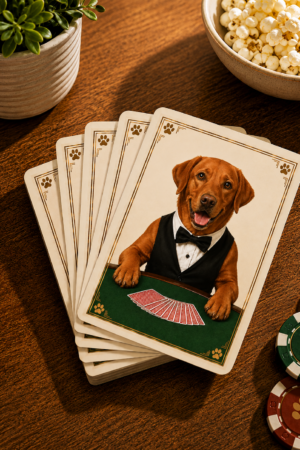 Fox Red Labrador playing card deck displayed on a wooden table with colorful game chips, popcorn, and a potted plant, featuring exclusive Labrador artwork for family game nights and dog lovers.