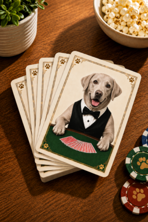 Silver Labrador Playing Cards displayed in a fanned deck on a warm wooden table with popcorn, decorative poker chips, and a potted plant, perfect for family game nights and Labrador lovers.
