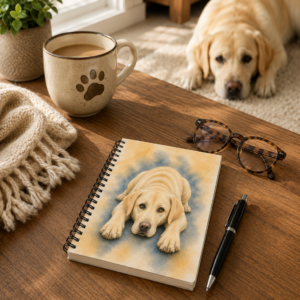 Yellow Labrador spiral notebook featuring exclusive watercolor artwork displayed on a cozy desk with a coffee mug, pen, and a Labrador resting in the background.