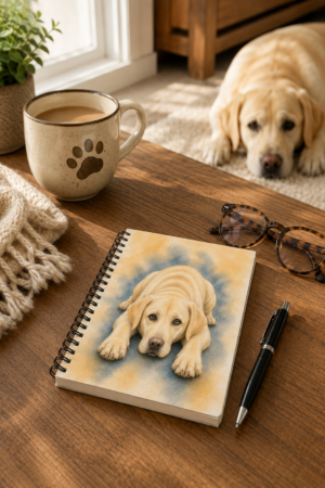 Yellow Labrador spiral notebook featuring exclusive watercolor artwork displayed on a cozy desk with a coffee mug, pen, and a Labrador resting in the background.