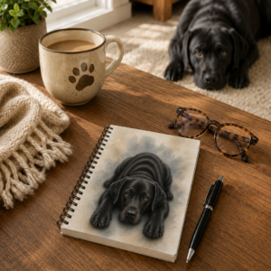 Black Labrador Gentle Presence spiral notebook on a wooden table beside a coffee mug, glasses, and pen, with a Black Labrador resting peacefully in the background.