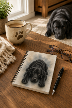 Black Labrador Gentle Presence spiral notebook on a wooden table beside a coffee mug, glasses, and pen, with a Black Labrador resting peacefully in the background.