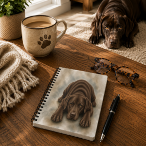 Chocolate Labrador spiral notebook with exclusive watercolor artwork displayed on a wooden coffee table beside a coffee mug, glasses, and pen, with a chocolate Labrador resting in the background.