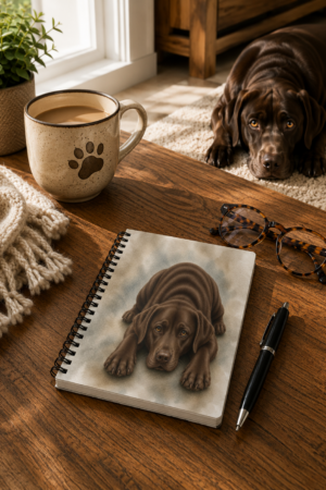 Chocolate Labrador spiral notebook with exclusive watercolor artwork displayed on a wooden coffee table beside a coffee mug, glasses, and pen, with a chocolate Labrador resting in the background.