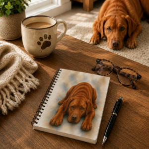 Fox Red Labrador spiral notebook resting on a wooden coffee table beside a mug, glasses, and pen, with a matching fox red Labrador relaxing on a rug in the background.