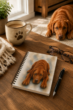 Fox Red Labrador spiral notebook resting on a wooden coffee table beside a mug, glasses, and pen, with a matching fox red Labrador relaxing on a rug in the background.