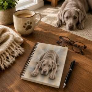 Silver Labrador spiral notebook displayed on a cozy wooden desk beside a coffee mug, glasses, and pen, with a silver Labrador lying comfortably in the background.
