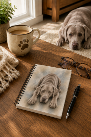 Silver Labrador spiral notebook displayed on a cozy wooden desk beside a coffee mug, glasses, and pen, with a silver Labrador lying comfortably in the background.