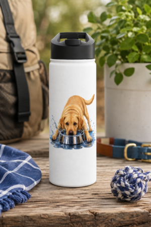 Mostly in the Bowl Yellow Labrador Water Bottle displayed outdoors, featuring a playful Lab drinking from a bowl and splashing water.