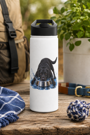 Mostly in the Bowl Black Labrador Water Bottle displayed outdoors with a playful black Lab drinking from a water bowl.