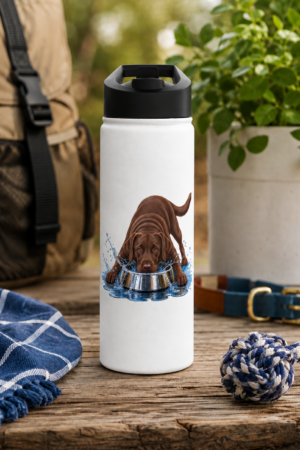 Mostly in the Bowl Chocolate Labrador Water Bottle displayed outdoors with a playful chocolate Lab drinking from a water bowl.