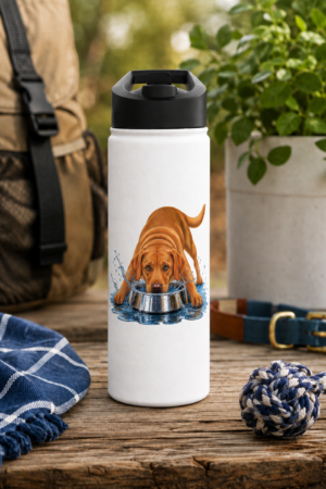 Mostly in the Bowl Fox Red Labrador Water Bottle displayed outdoors with a fox red Lab drinking from a water bowl.