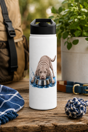 Mostly in the Bowl Silver Labrador Water Bottle displayed outdoors with a playful silver Lab drinking from a water bowl.