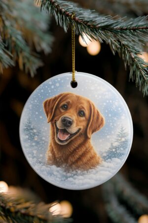 Fox red Labrador ceramic Christmas ornament featuring a smiling fox red Lab with bright expressive eyes, a snowy winter background, and softly faded evergreen trees in a watercolor-style holiday design.