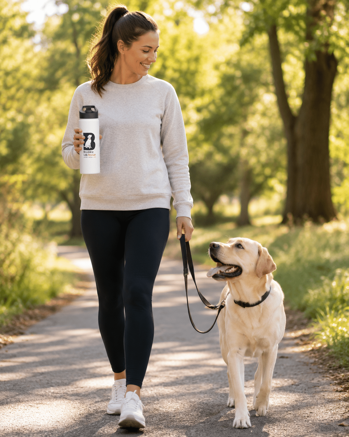 Woman walking a yellow Labrador while carrying a white Brookline Lab Rescue 18 oz stainless steel insulated water bottle with flip lid.