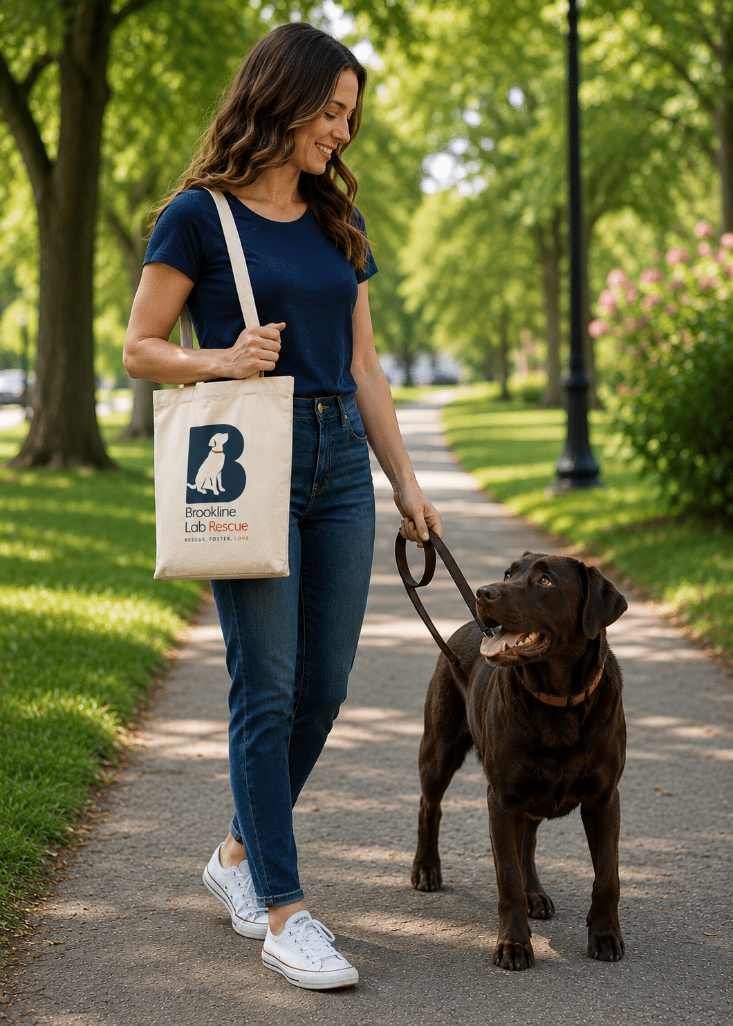 Woman walking a chocolate Labrador while carrying the Brookline Lab Rescue cotton canvas tote bag.