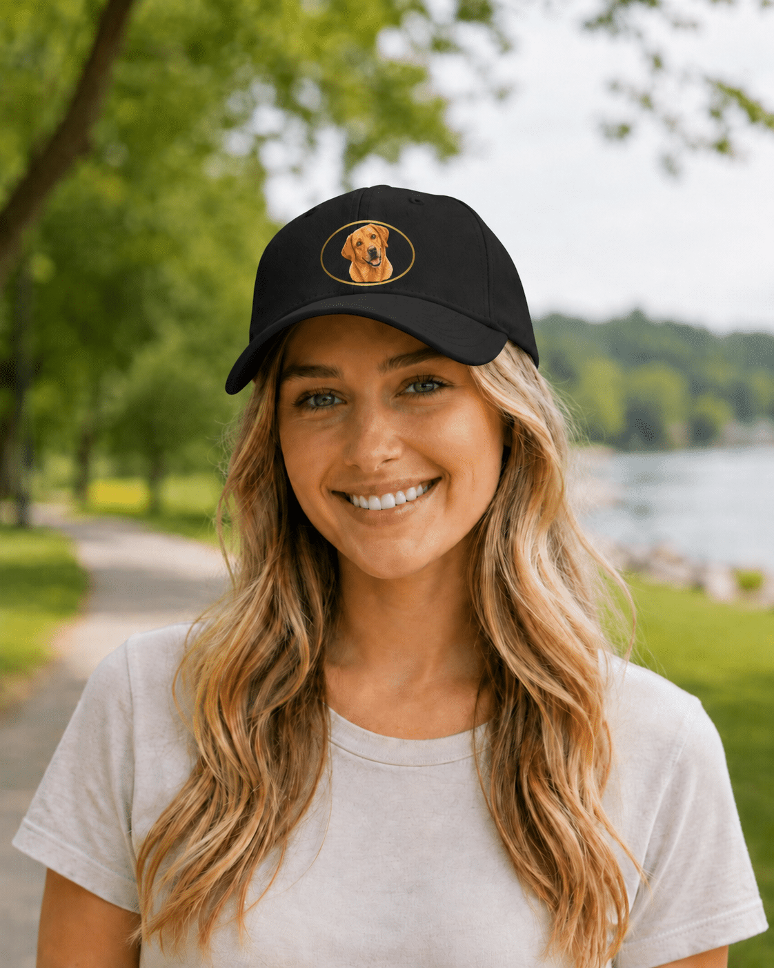 Woman wearing a black low profile baseball cap featuring a Fox Red Labrador Retriever portrait inside a gold oval while standing outdoors along a lakeside path.
