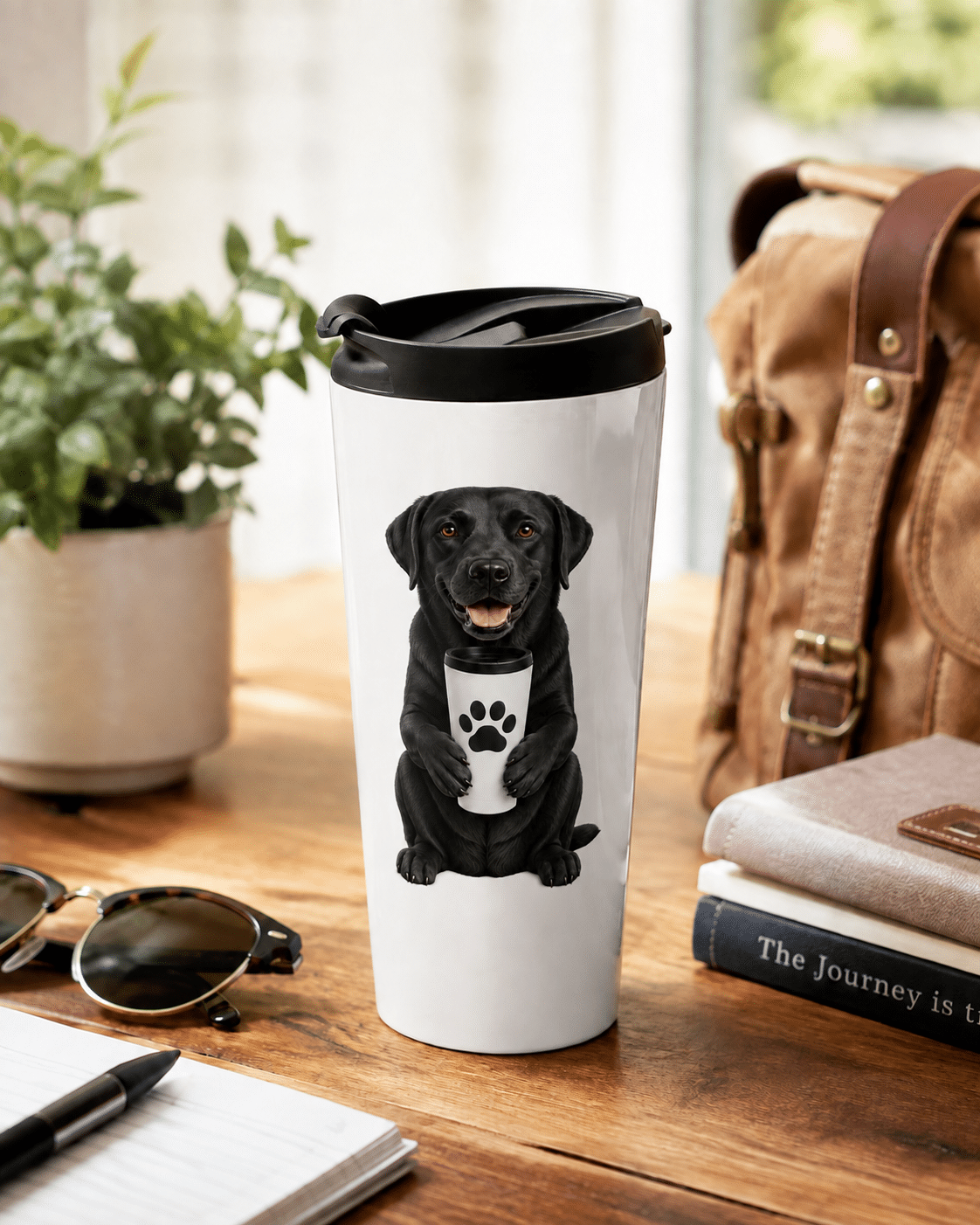 Morning Companion Black Lab 15 oz stainless steel travel mug displayed on a wooden table in a bright, cozy setting with a potted plant, notebook, sunglasses, books, and a travel bag. The white insulated travel mug features an original illustration of a cheerful Black Labrador Retriever holding a travel mug with a bold black paw print. Available only from Brookline Lab Rescue Apparel & Gifts, every purchase helps support Labrador Retriever rescue.
