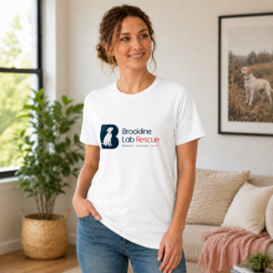 Brookline Lab Rescue logo unisex T shirt in White featuring the official Brookline Lab Rescue logo on the front. women wearing tee shirt