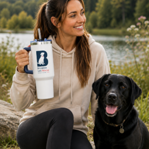Woman holding a Brookline Lab Rescue 40 oz stainless steel travel tumbler while spending time outdoors with a black Labrador Retriever.