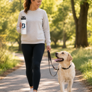 Woman walking a yellow Labrador while carrying a white Brookline Lab Rescue 18 oz stainless steel insulated water bottle with flip lid.