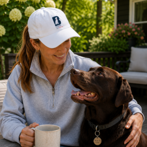 Woman wearing the Brookline Lab Rescue white low profile baseball cap with a printed Labrador logo.