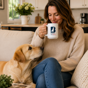 Woman enjoying coffee from a Brookline Lab Rescue 15 oz ceramic mug while relaxing indoors with a yellow Labrador Retriever beside her.