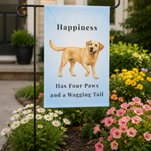 12 × 18 Brookline Lab Rescue garden flag featuring an exclusive yellow Labrador illustration with the phrase "Happiness Has Four Paws and a Wagging Tail" displayed in a landscaped front yard.