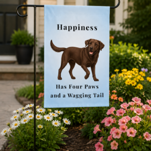 12 × 18 Brookline Lab Rescue garden flag featuring an exclusive chocolate Labrador illustration with the phrase "Happiness Has Four Paws and a Wagging Tail" displayed in a landscaped front yard.