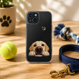 Brookline Lab Rescue Labrador Retriever phone case displayed on a wooden tabletop with a dog leash, tennis ball, rope toy, and paw print planter in a bright lifestyle setting.