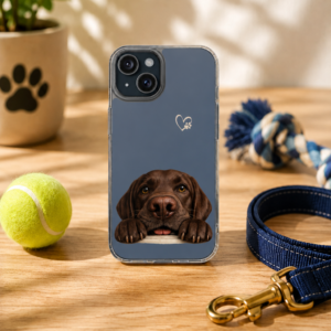 Chocolate Labrador Retriever impact resistant phone case displayed on a wooden tabletop with a dog leash, tennis ball, rope toy, and paw print planter.