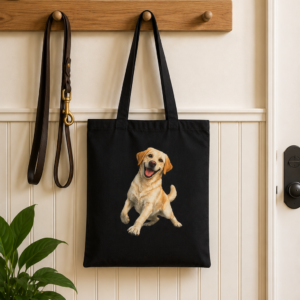 Rescue Always Ready Yellow Labrador canvas tote bag hanging on an entryway coat hook beside a leather dog leash.