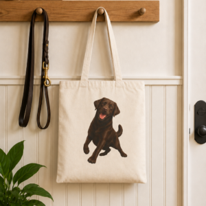 Natural canvas tote featuring the Always Ready Chocolate Labrador design hanging on a wooden entryway coat rack.