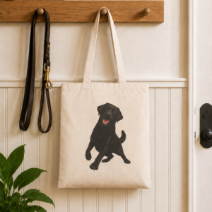 Natural cotton canvas tote featuring the Always Ready Black Labrador design hanging on a wooden entryway coat rack.