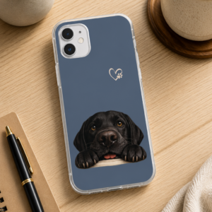 Hopeful Eyes Black Labrador Retriever Flexi phone case displayed on a modern wood desk with a notebook, coffee mug, and plant, featuring original Black Labrador artwork created especially for Brookline Lab Rescue.