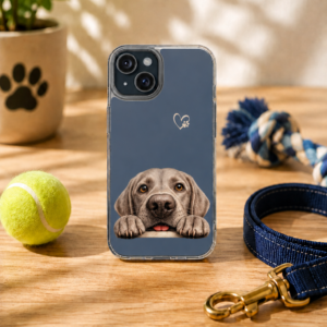 Lifestyle image of the Hopeful Eyes Silver Labrador clear Samsung phone case featuring an adorable Silver Labrador peeking over the bottom edge on a slate blue background, displayed with a tennis ball, leash, rope toy, and paw print planter.