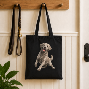 Black Always Ready Silver Labrador canvas tote hanging on a wooden entryway hook, featuring an exclusive playful Silver Labrador illustration.