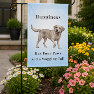 Light blue garden flag displayed on a black metal garden stand featuring a smiling Silver Labrador Retriever and the words "Happiness Has Four Paws and a Wagging Tail" in a colorful flower garden.
