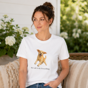 Woman wearing a white Bella + Canvas women's relaxed T-shirt featuring an exclusive joyful Yellow Labrador illustration and the phrase "My Lab Is My Everything" created for Brookline Lab Rescue.