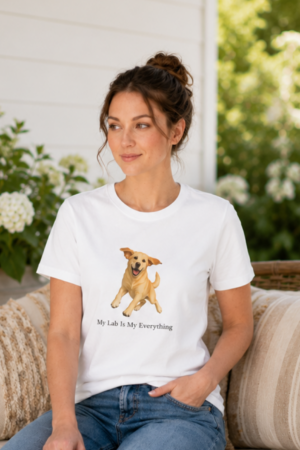 Woman wearing a white Bella + Canvas women's relaxed T-shirt featuring an exclusive joyful Yellow Labrador illustration and the phrase "My Lab Is My Everything" created for Brookline Lab Rescue.