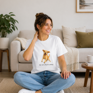 Woman wearing a white Gildan 64000 Unisex Softstyle T-Shirt featuring the My Lab Is My Everything design with an exclusive joyful Yellow Labrador illustration created for Brookline Lab Rescue.