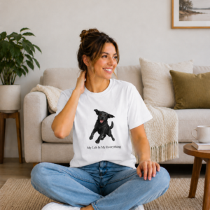 women wearing a white Gildan 64000 Unisex Softstyle T-Shirt featuring the My Lab Is My Everything design with an exclusive joyful Black Labrador illustration created for Brookline Lab Rescue, surrounded by trees.