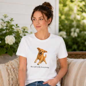 Woman wearing a white Bella + Canvas 6400 Women's Relaxed Jersey T Shirt featuring a playful fox red Labrador Retriever illustration with the words "My Lab Is My Everything," seated on a sunlit porch with a relaxed, casual style.