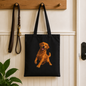 Black cotton canvas tote bag featuring a fox red Labrador Retriever illustration hanging on a wooden entryway coat rack beside a leather leash in a bright, welcoming home.