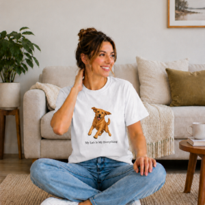 Smiling woman wearing a white Gildan 64000 unisex short sleeve T shirt featuring a playful fox red Labrador Retriever illustration with the words "My Lab Is My Everything" in a family room