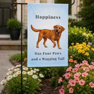 Light blue garden flag featuring a fox red Labrador Retriever and the saying "Happiness Has Four Paws and a Wagging Tail" displayed in a colorful flower garden outside a welcoming home.