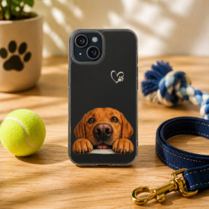 Black iPhone impact resistant phone case featuring a fox red Labrador Retriever peeking over the bottom edge displayed on a wooden table beside a tennis ball, rope toy, leash, and paw print planter in warm natural light.