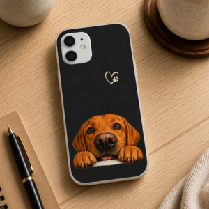 Black iPhone case featuring a fox red Labrador Retriever peeking over the bottom edge, styled on a light wood desk with a notebook, pen, coffee mug, and small potted plant.