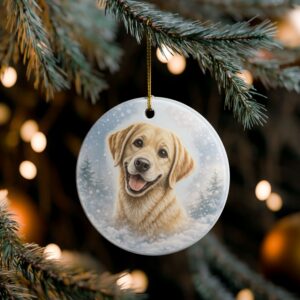 Round ceramic Christmas ornament featuring a yellow Labrador retriever puppy in a snowy winter scene, hanging from a gold string