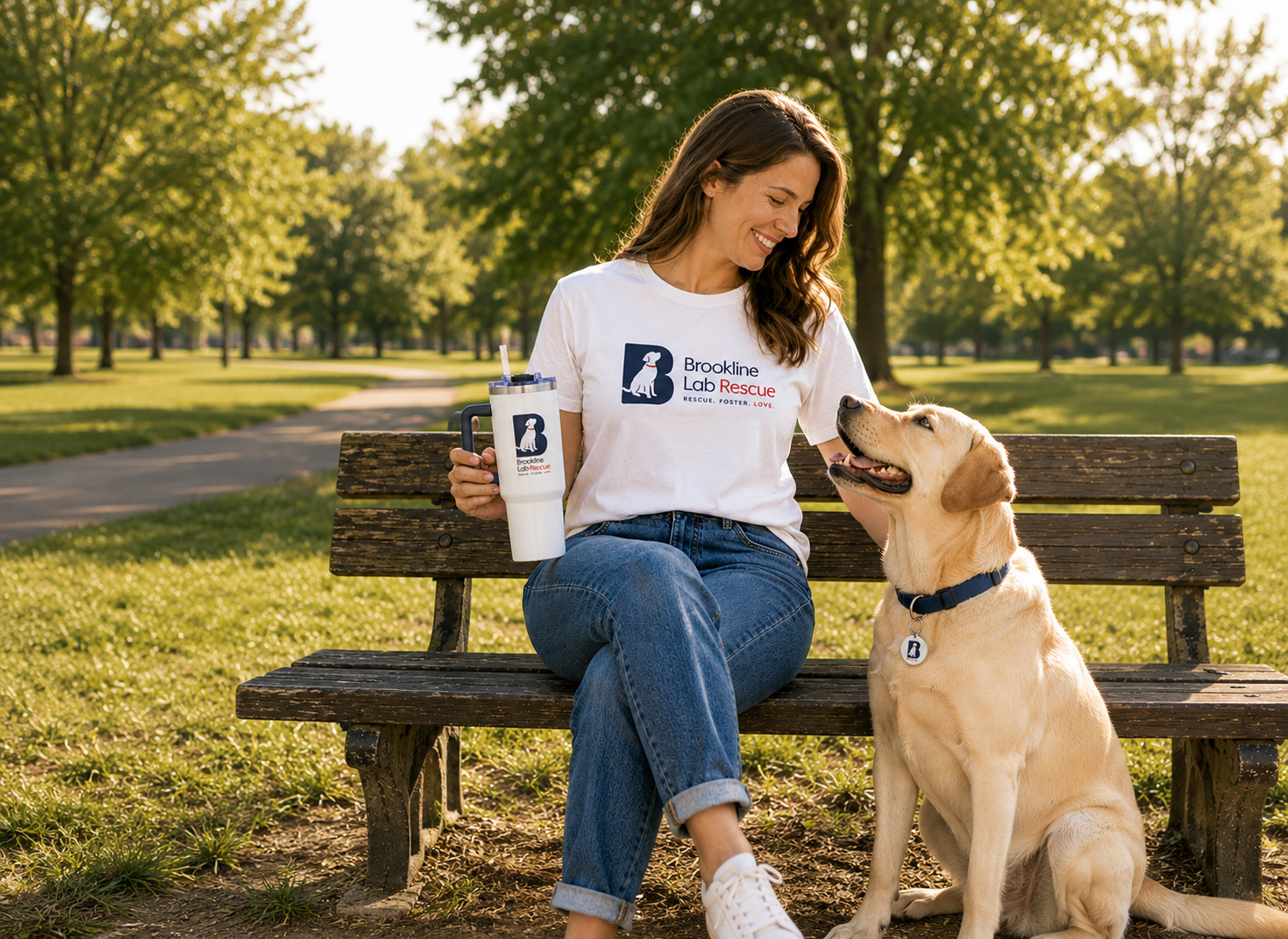 Woman wearing a Brookline Lab Rescue T shirt sits on a park bench with a yellow Labrador Retriever while holding a Brookline Lab Rescue insulated tumbler, promoting the official BLRR merchandise store.